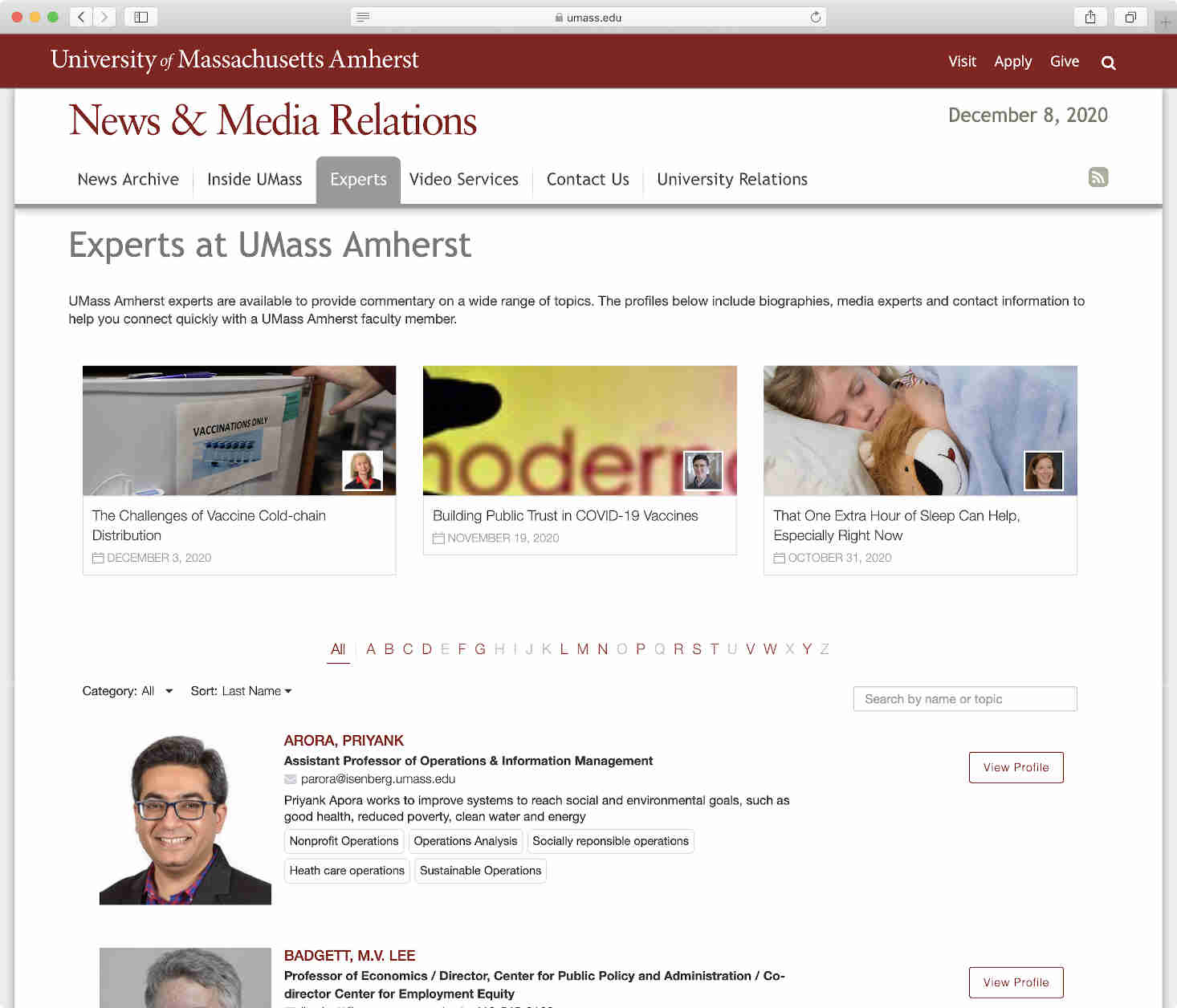 UMass website Experts page